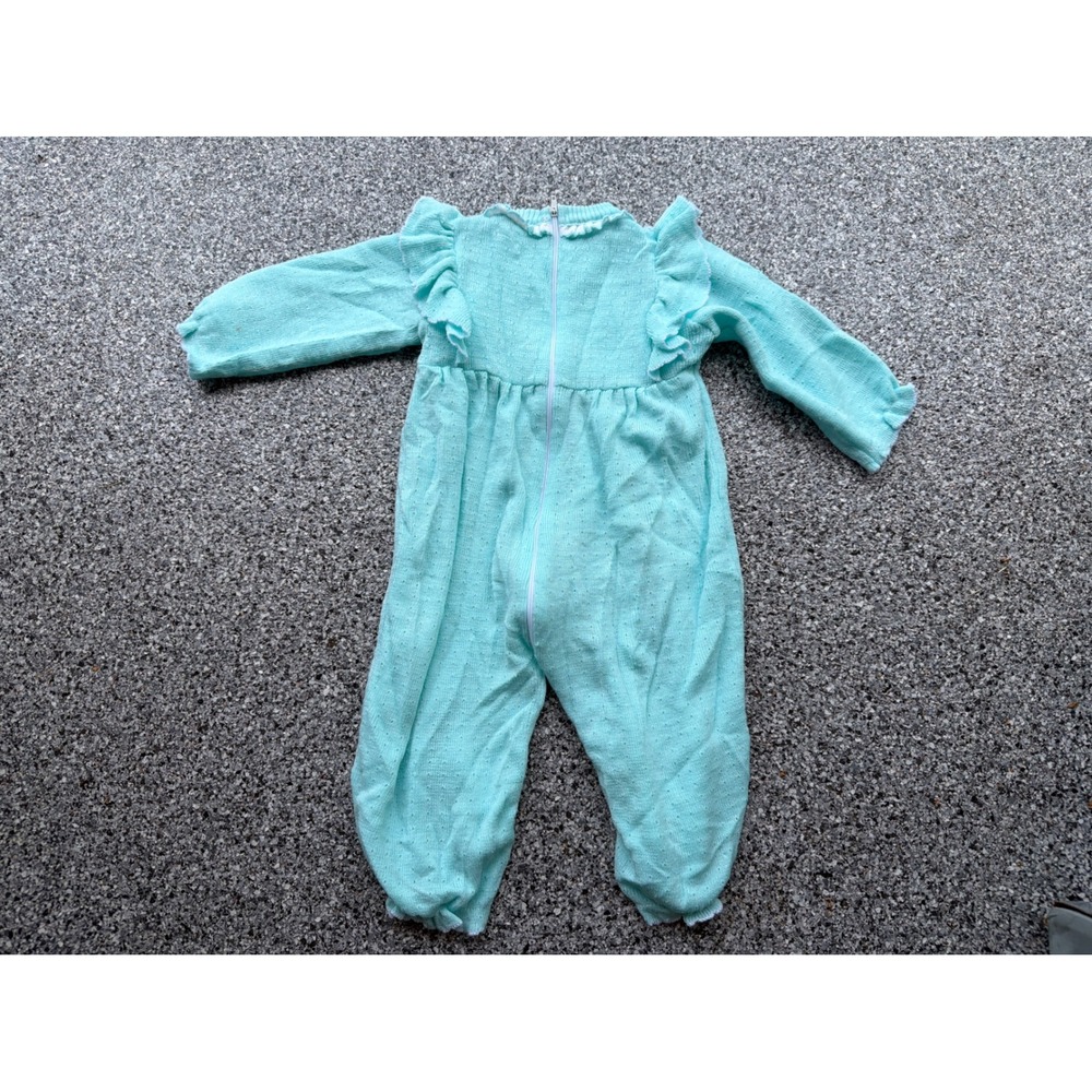 Vintage Mint Green aqua Knit Baby Sleeper Dove Heart Embroidery Ruffles Bows
